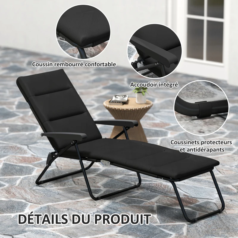 Outsunny Bain de soleil pliable transat inclinable 6 positions avec matelas + accoudoirs acier polyester 153 x 58,5 x 89 cm noir