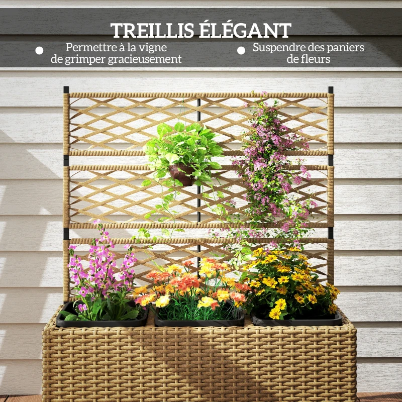 Outsunny Jardinière pour plantes avec treillis 3 pots bacs à plante 33L extérieur en résine tressée 84 x 30 x 107 cm sable noir
