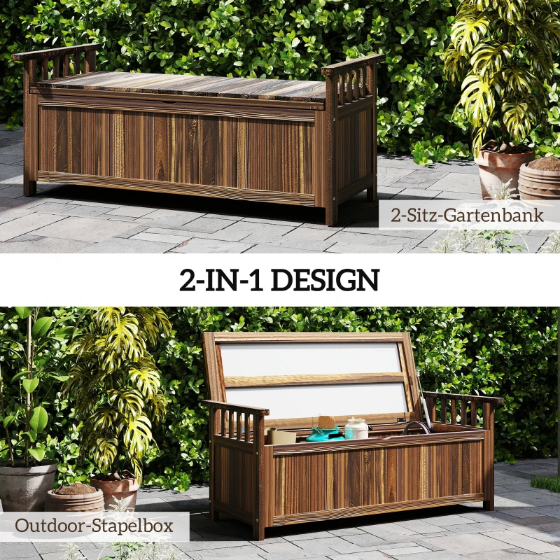 Outsunny 2-Sitzer Gartenbank Holz, wetterfest Sitzbank, Gartenmöbel mit Stauraum Armlehnen 128,5 x 56 x 53,5cm, Verkohlt(m-4)