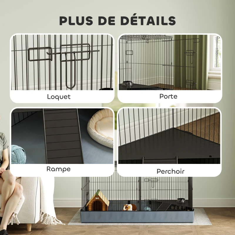 PawHut Cage pour petits animaux 2 en 1 avec dessus amovible enclos lapin 2 zones séparées rampe 121 x 61 x 61 cm en acier noir