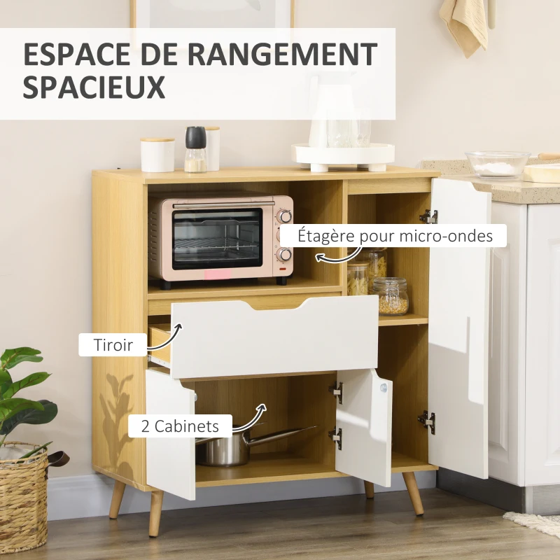 HOMCOM Meuble de rangement cuisine pour micro-ondes, 1 tiroir, 2 placards une étagère, 90 x 40 x 98,5 cm, bois et blanc