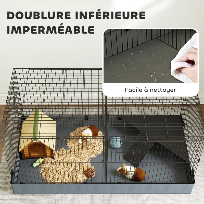 PawHut Cage pour petits animaux 2 en 1 avec dessus amovible enclos lapin 2 zones séparées rampe 121 x 61 x 61 cm en acier noir