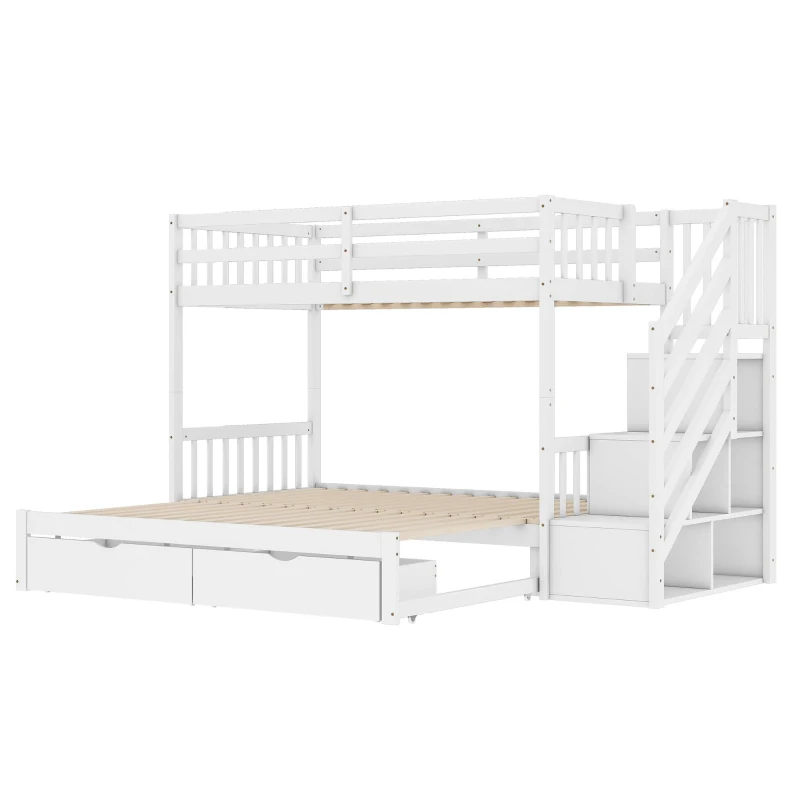 Lit superposé 90x200 cm avec lit gigogne, marches de rangement et deux tiroirs, sans matelas, Blanc(m-10)