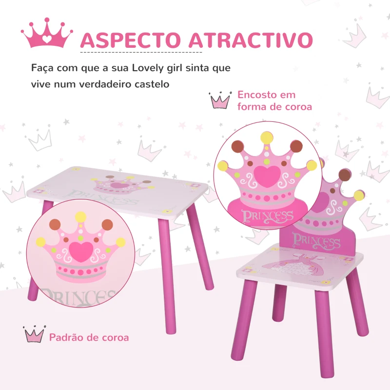 HOMCOM Conjunto de Mesa e 2 Cadeiras Infantis de madeira para crianças acima de 2 anos Set de Mesa 55x34x42cm e Cadeiras 28x26x50cm Rosa