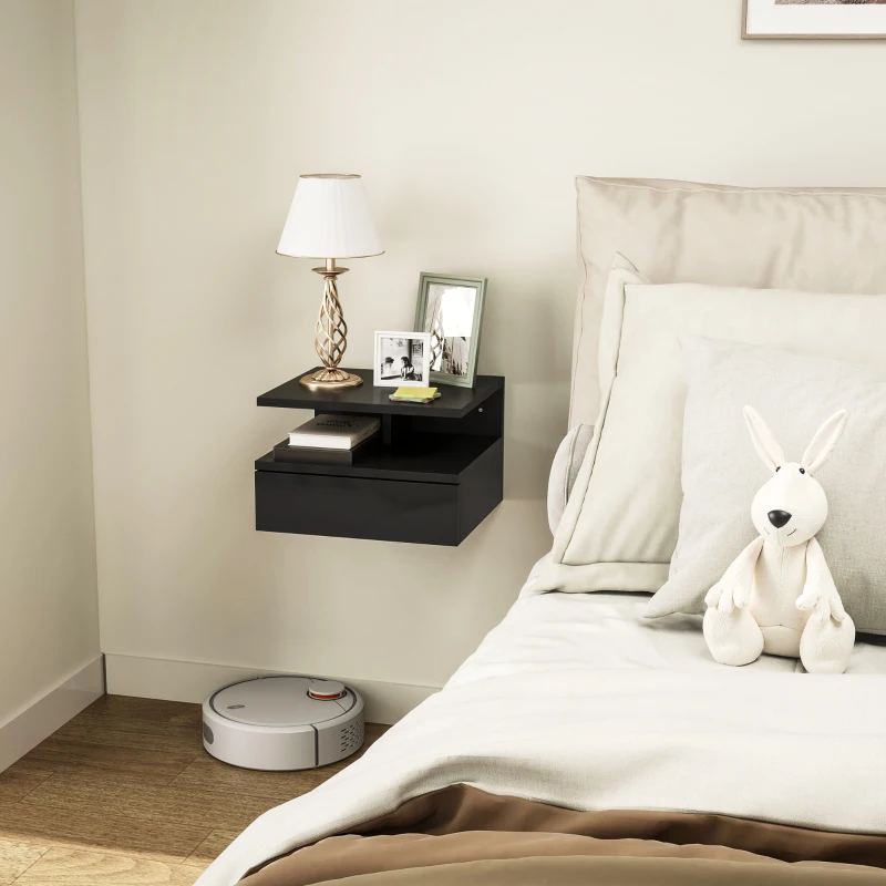 HOMCOM Comodino Sospeso per Camera da Letto con Cassetto e Ripiano Aperto in Legno, 35x32x22.5 cm, Nero Lucido