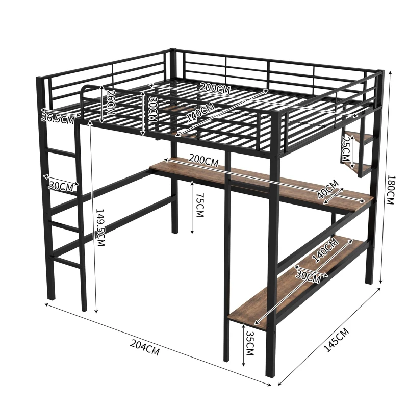 Lit mezzanine 140x200 cm en métal avec bureau et étagères, pour enfants et adultes, sans matelas, Noir