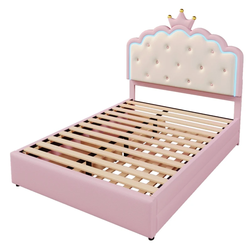 Letto imbottito 140x200 cm con rete a doghe, letto estraibile e 2 cassetti, senza materasso, Rosa