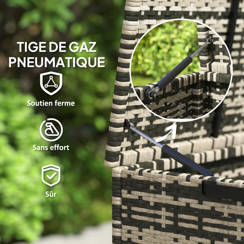 Outsunny Coffre de jardin en résine tressée coffre de rangement extérieur 350 L à 2 niveaux vérin à gaz 118x57x69cm gris mélangé