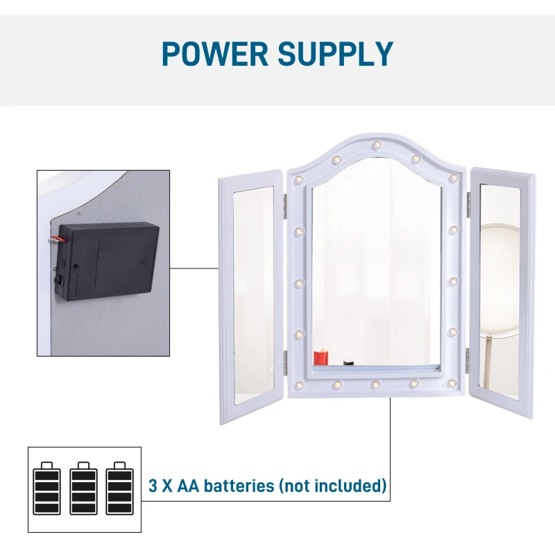 HOMCOM Espelho de Maquilhagem com Luz LED Dobrável Espelho Triplo de Mesa Presente Original para Mulher, 73x53,5x4,5cm