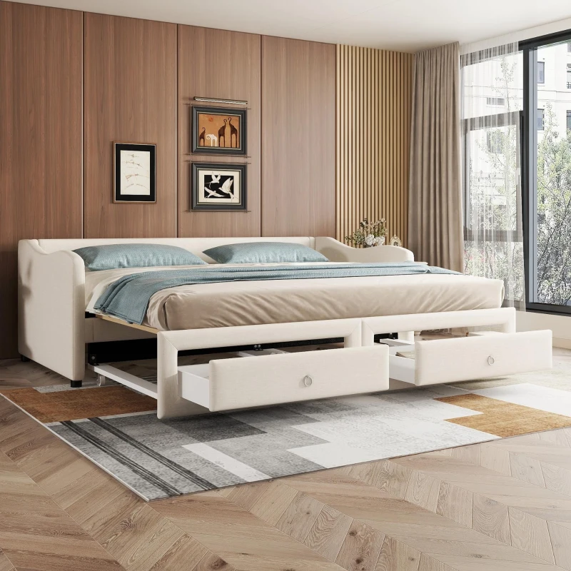 Lit de jour 90x200 cm,avec lit gigogne et 2 tiroirs, sans matelas, Beige(m-4)