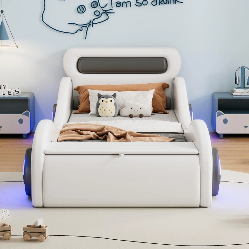 Lit rembourré design voiture 90x200 cm, lit pour enfants avec roues lumineuses et espace de rangement, sans matelas, Blanc