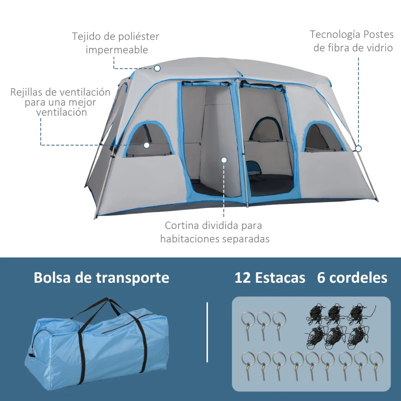 Outsunny Tienda de Campaña para 4-8 Personas con 2 Dormitorios 2 Bolsillos y Ventanas con Malla Impermeable 400x275x210 cm Gris