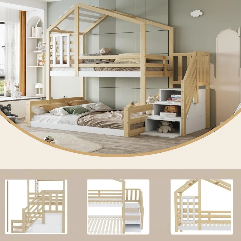 Lit superposé en bois avec design de fenêtre 90×200 cm, avec escalier avec rangement,sans matelas, Naturel