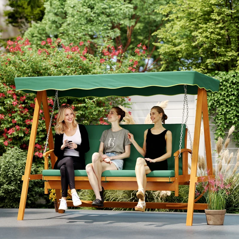 Outsunny Hollywoodschaukel mit Sonnendach, Echtholz-Gartenschaukel, Schaukelbank mit Liege-Funktion, für 3 Personen, Dunkelgrün(m-8)