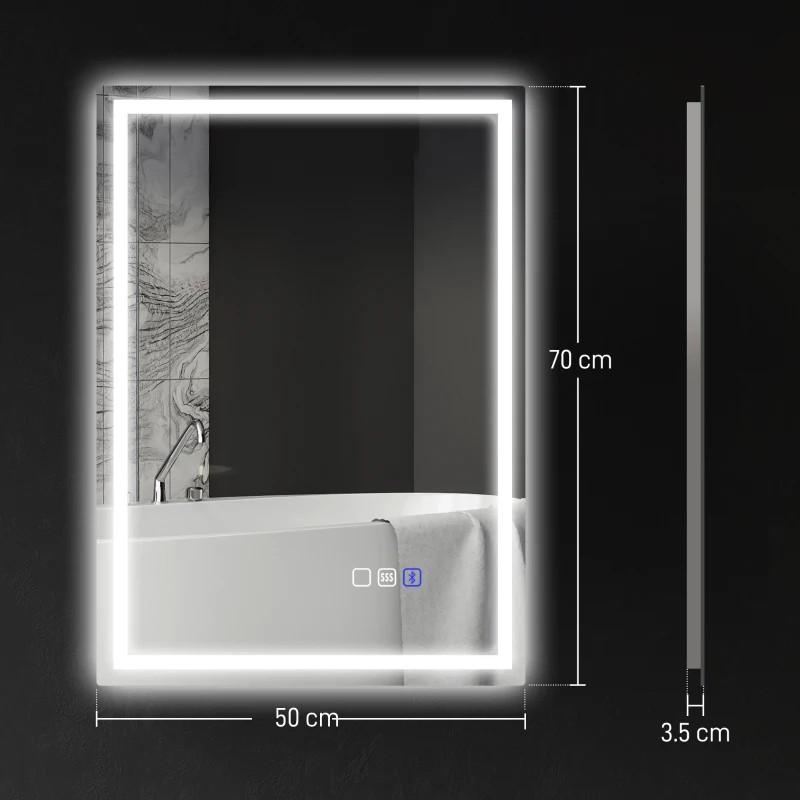 HOMCOM 70 x 50 cm Bluetooth Bathroom Mirror - Silver-Tone