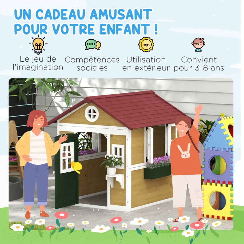 Outsunny Cabane enfant extérieur maison enfant extérieure avec porte fenêtres et jardinières 114 x 126,4 x 135 cm beige