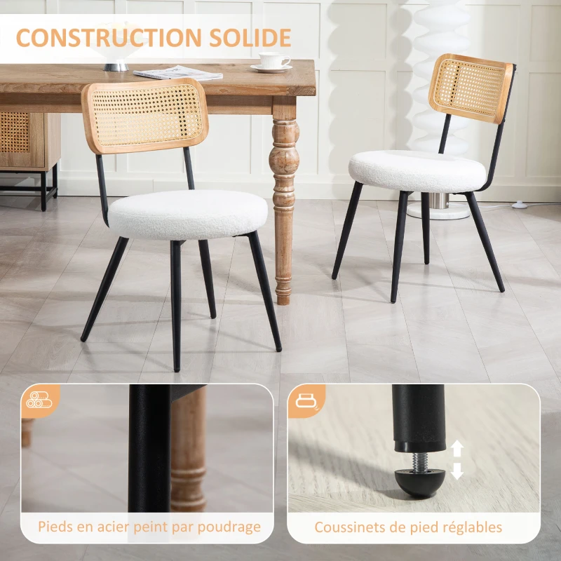 HOMCOM Lot de 2 chaises salle à manger bohème avec dossier en rotin, pour salon, salle à manger, chambre à coucher, blanc