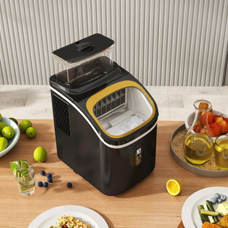 HOMCOM Eiswürfelmaschine, leiser Betrieb, kompaktes Design, mit Eiskorb, Schaufel, Schwarz