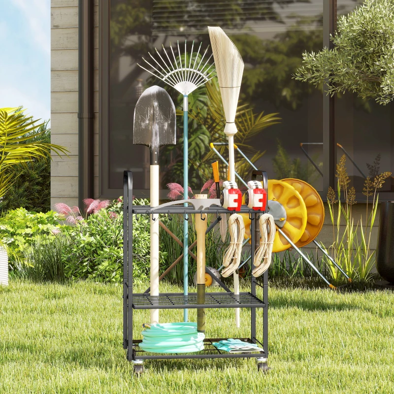 Outsunny Organisateur d'outils de jardin, support à outils de jardin 40 compartiments à 2 niveaux avec roues 57 x 48 x 70 cm noir