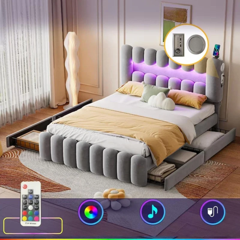 Doppelbett Polsterbett 160x200 mit Schubladen Samtoptik LED-Lichtleiste Grau