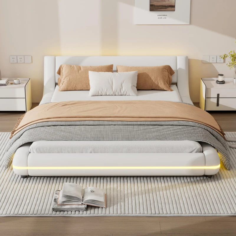 Letto a terra 140×200 cm con illuminazione ambientale a LED, senza materasso, Bianco
