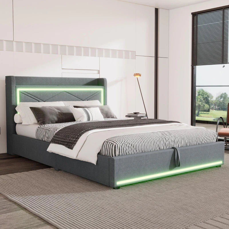 Lit plat 140×200 cm avec dispositif de levage hydraulique，grand espace de rangement, sans matelas, Gris