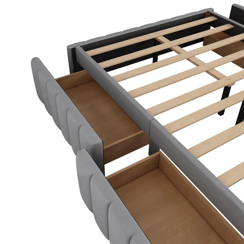 Letto Matrimoniale Moderno con Rete a Doghe, Design Minimalista, senza Testiera e Materasso, 4 Cassetti Contenitori, 218x149x35 cm, Grigio