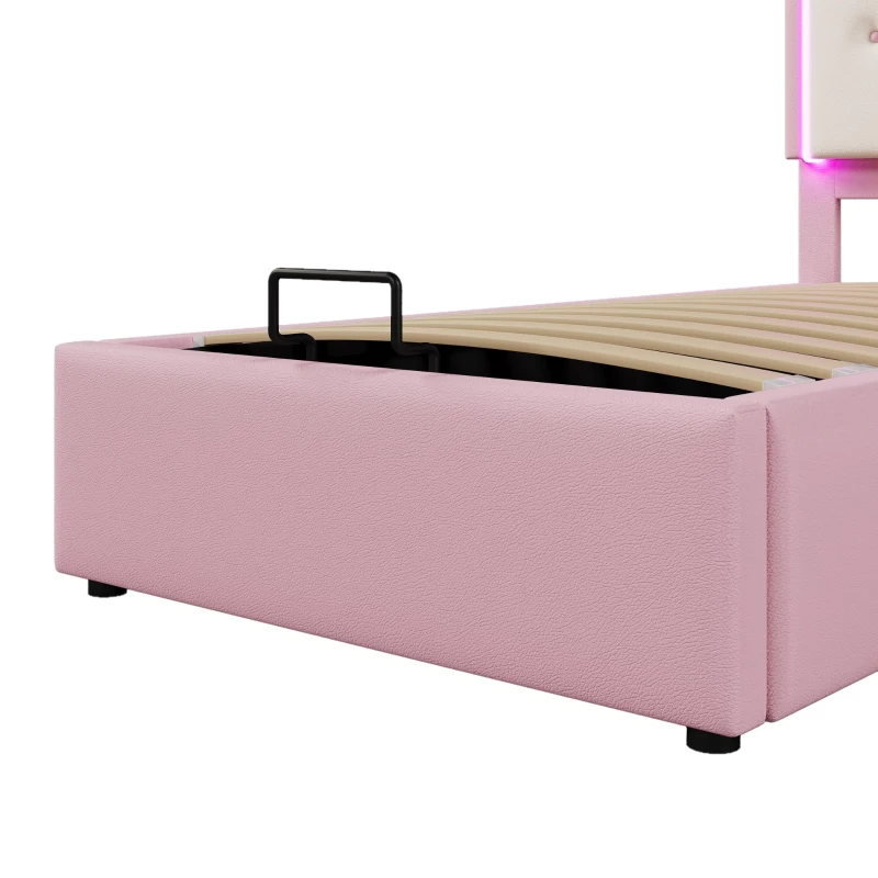 Lit rembourré 90x200 cm avec sommier à lattes, forme de princesse héritière, espace de rangement hydraulique,sans matelas, Rose
