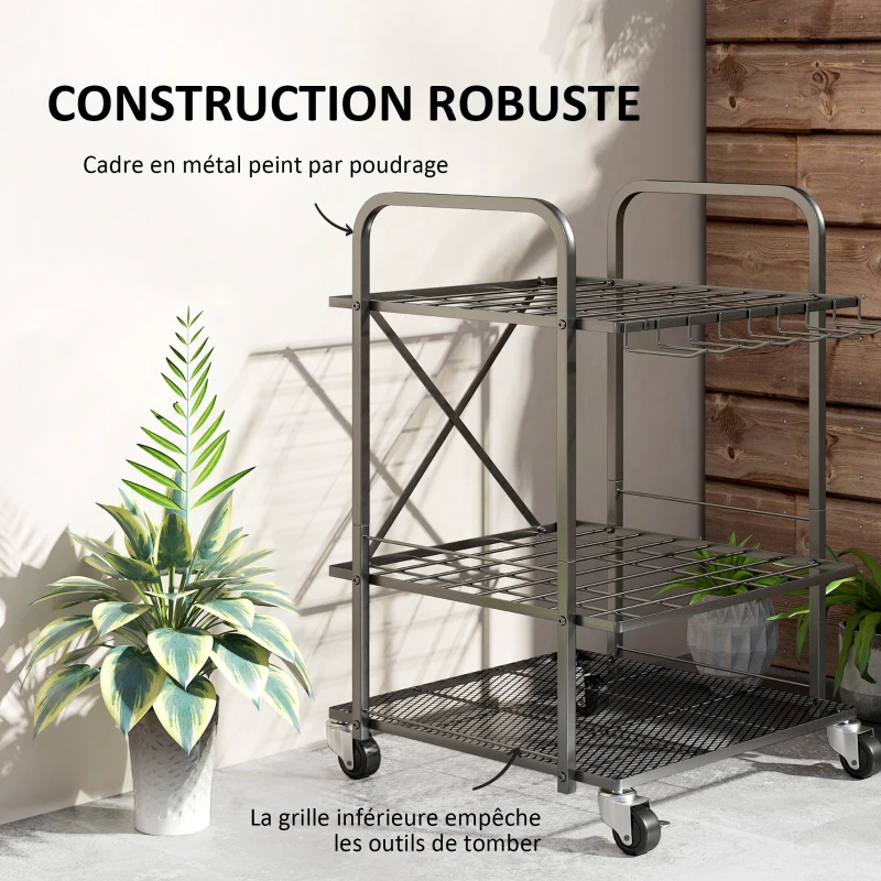 Outsunny Organisateur d'outils de jardin, support à outils de jardin 40 compartiments à 2 niveaux avec roues 57 x 48 x 70 cm noir