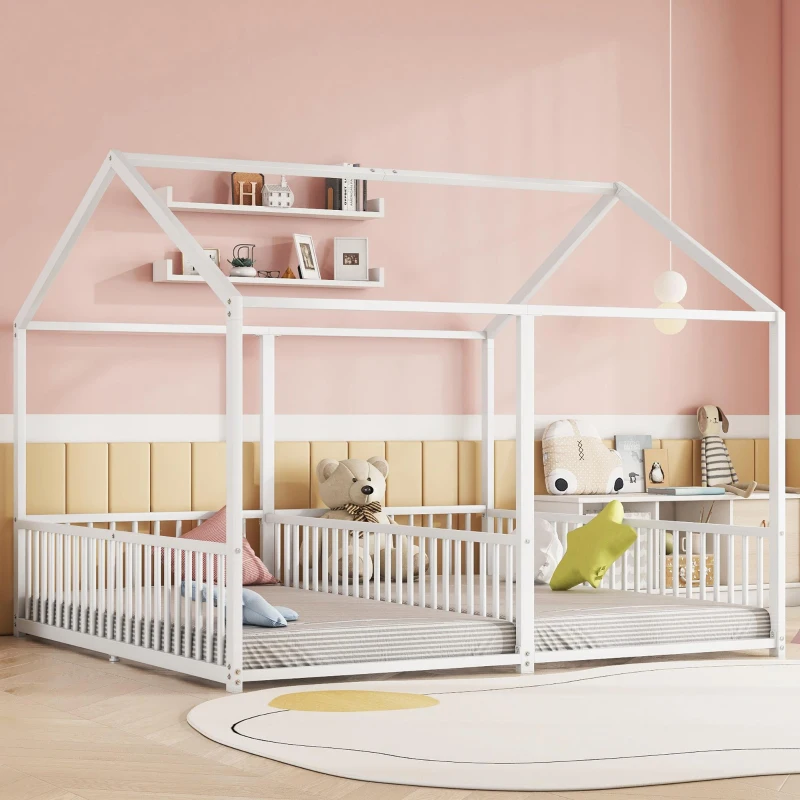 Letto per bambini 4+ anni in metallo 90×200 cm, forma di casa, con sponda di sicurezza, senza materasso, Bianco