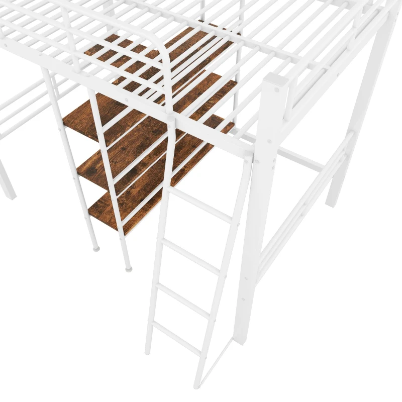 Struttura Letto a Soppalco con Scrivania, Mensola, Corrimano e Scaletta in Metallo, senza Materasso, 204x134x174 cm, Bianco