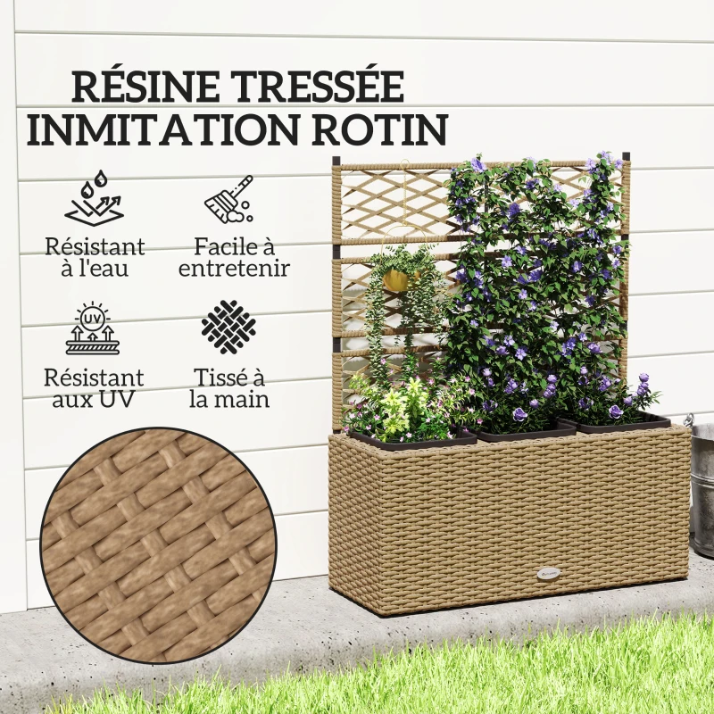 Outsunny Jardinière pour plantes avec treillis 3 pots bacs à plante 33L extérieur en résine tressée 84 x 30 x 107 cm sable noir
