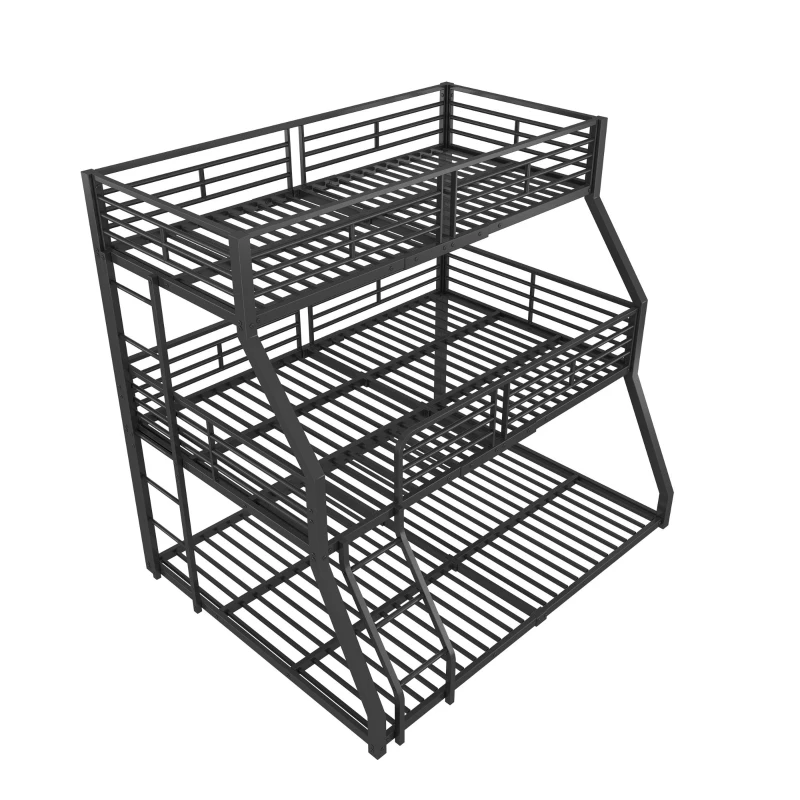 Lit triple superposé 90×200 cm, avec garde-corps et échelle, sans matelas, Noir