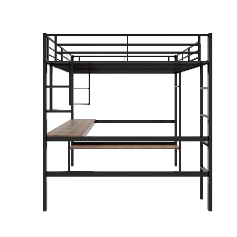 Lit mezzanine 140x200 cm en métal avec bureau et étagères, pour enfants et adultes, sans matelas, Noir
