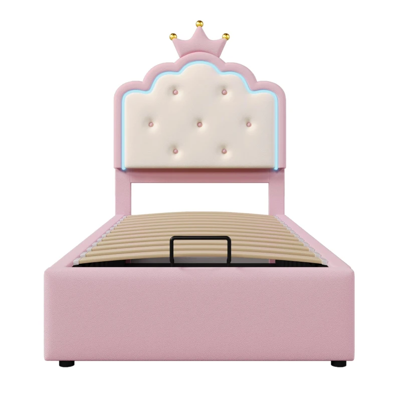 Lit rembourré 90x200 cm avec sommier à lattes, forme de princesse héritière, espace de rangement hydraulique,sans matelas, Rose