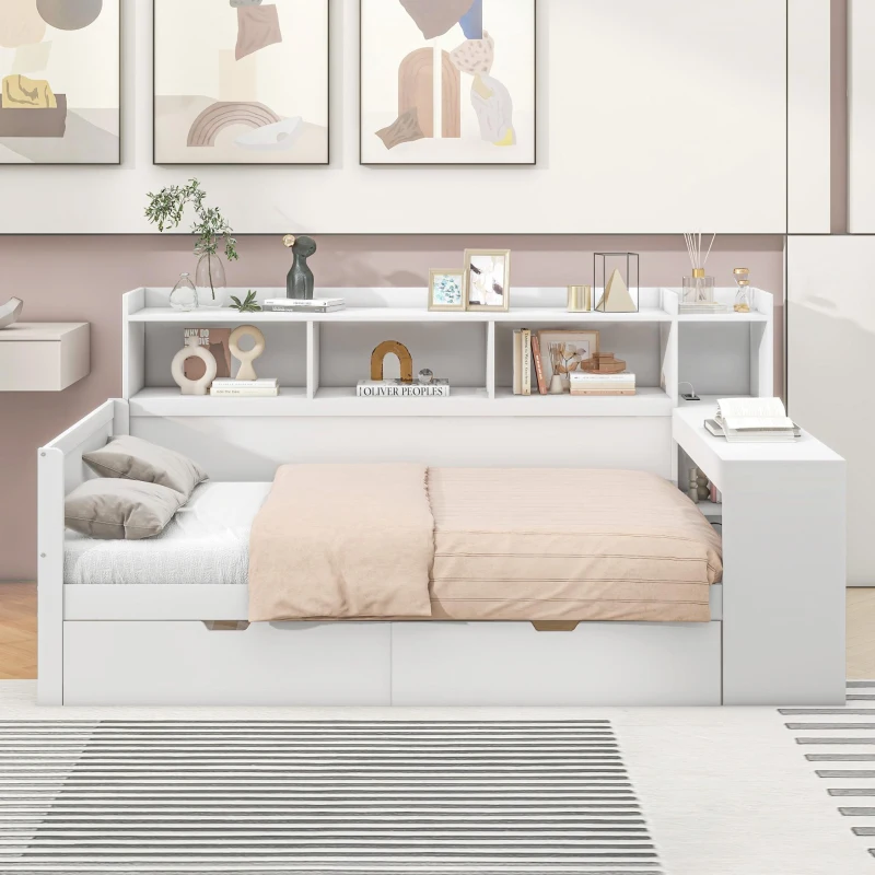 Canapé-lit multifonctionnel 90x200 cm,avec 2 tiroirs et bureau intégré,sans matelas, Blanc(m-4)