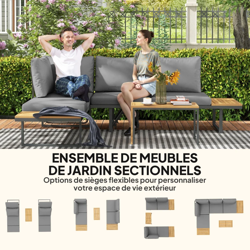 Outsunny Ensemble de meubles de jardin modulable en bois d'acacia 6 places, salon de jardin d'angle avec table, gris