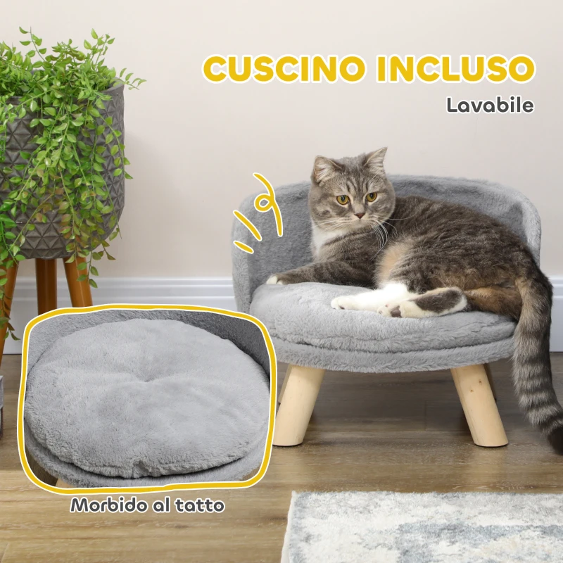 PawHut Divano per Gatti e Cani Rotondo in Peluche e Legno con Cuscino Extra, Ø40.5x33 cm, Grigio
