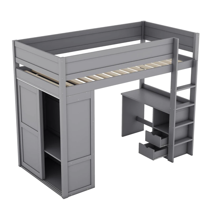 Lit mezzanine 90x200 cm pour enfants, avec armoire, bureau et tiroirs, sans matelas, Gris(m-7)