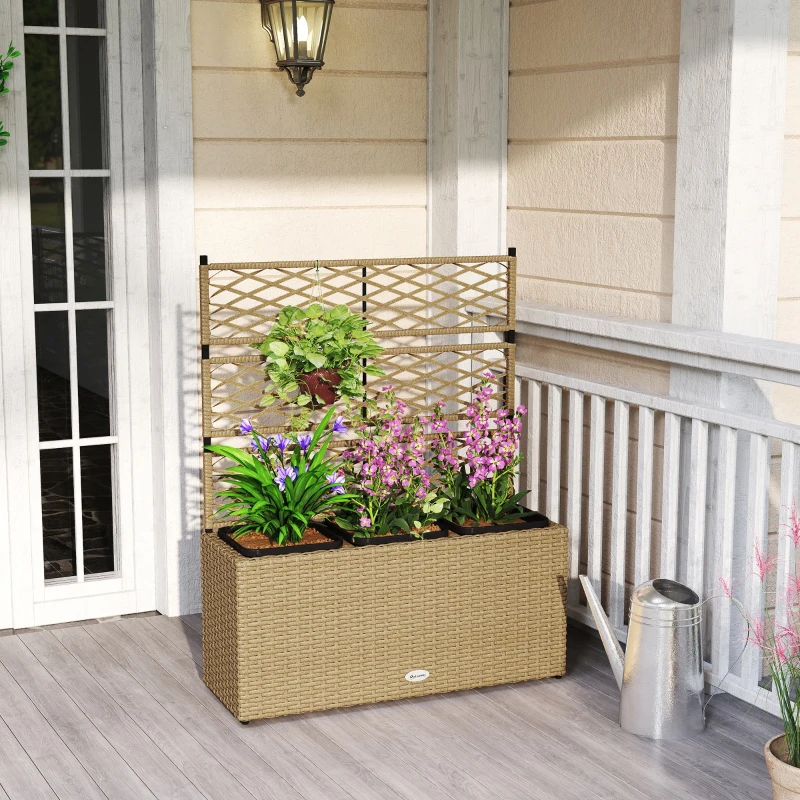 Outsunny Jardinière pour plantes avec treillis 3 pots bacs à plante 33L extérieur en résine tressée 84 x 30 x 107 cm sable noir