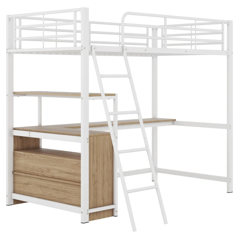 Letto a soppalco con struttura in ferro 90×200 cm, con scrivania a forma di L e cassetti, senza materasso, Bianco