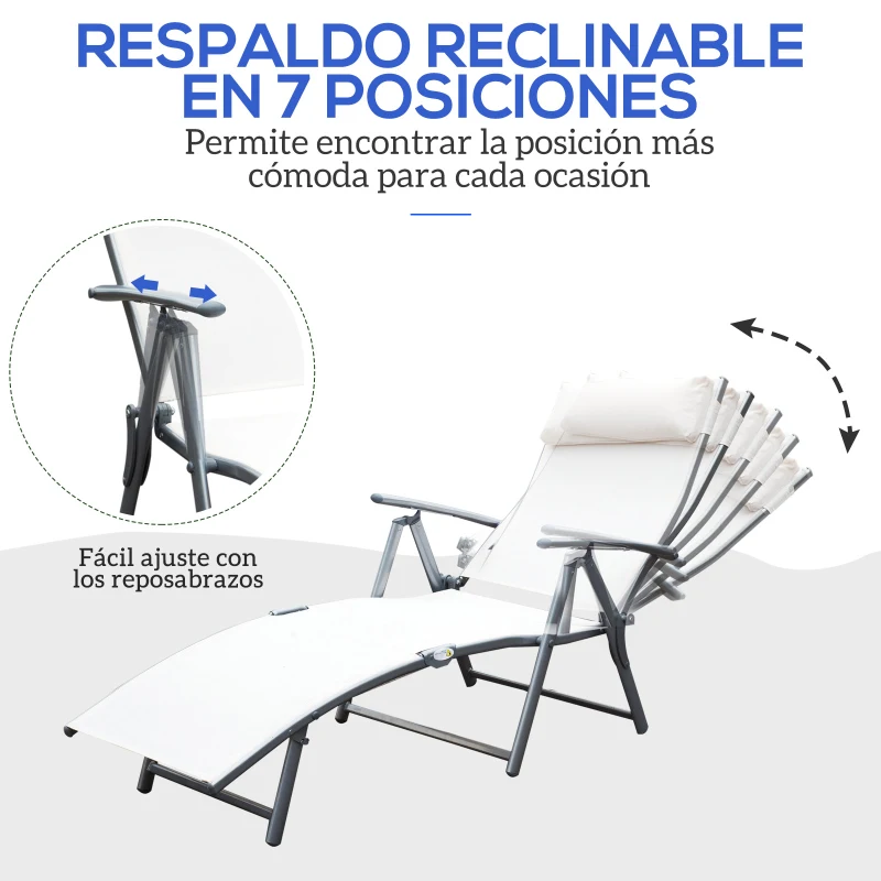 Outsunny Set de 2 Tumbonas de Jardín Plegables con Respaldo Ajustable Almohada y Reposabrazos 137x63,5x100,5 cm Beige