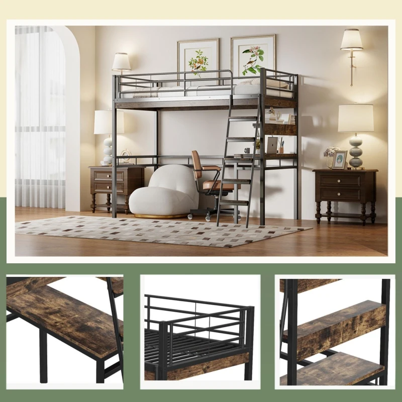 Letto a soppalco 90×200 cm, con scrivania e scaffali, senza materasso, Nero