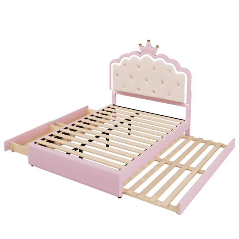 Letto imbottito 140x200 cm con rete a doghe, letto estraibile e 2 cassetti, senza materasso, Rosa