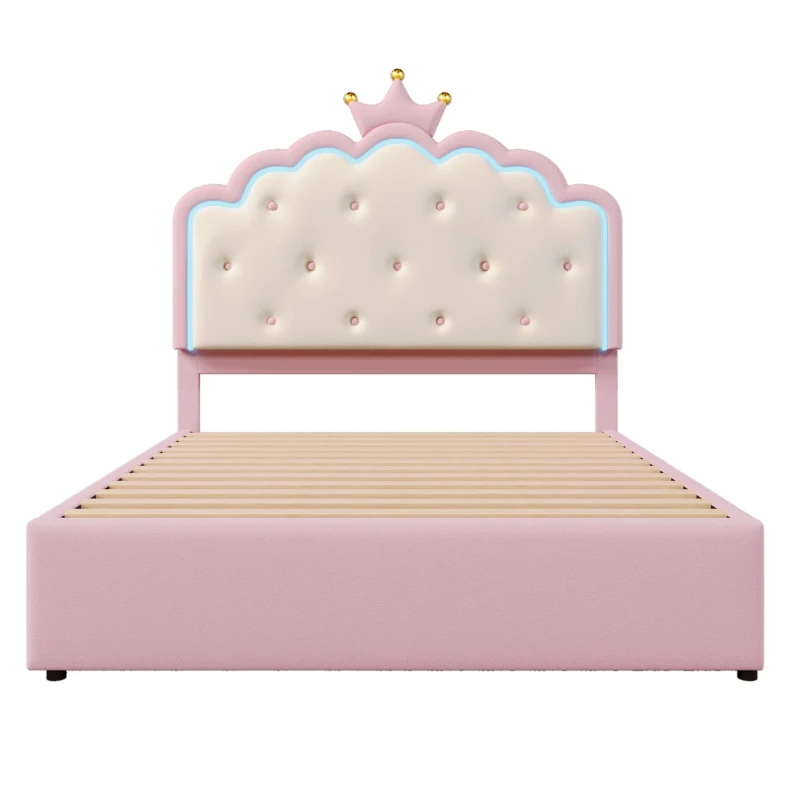 Letto imbottito 140x200 cm con rete a doghe, letto estraibile e 2 cassetti, senza materasso, Rosa