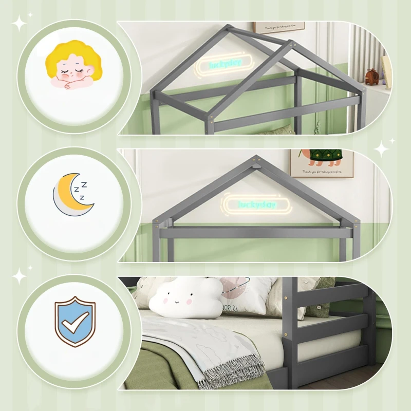 Letto Montessori per Bambini con Rete a Doghe, in Legno Ecologico e Atossico, senza Materasso, 140x200 cm, Grigio