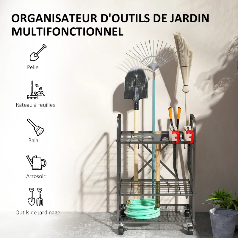 Outsunny Organisateur d'outils de jardin, support à outils de jardin 40 compartiments à 2 niveaux avec roues 57 x 48 x 70 cm noir