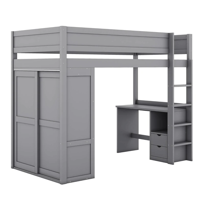 Lit mezzanine 90x200 cm pour enfants, avec armoire, bureau et tiroirs, sans matelas, Gris(m-6)