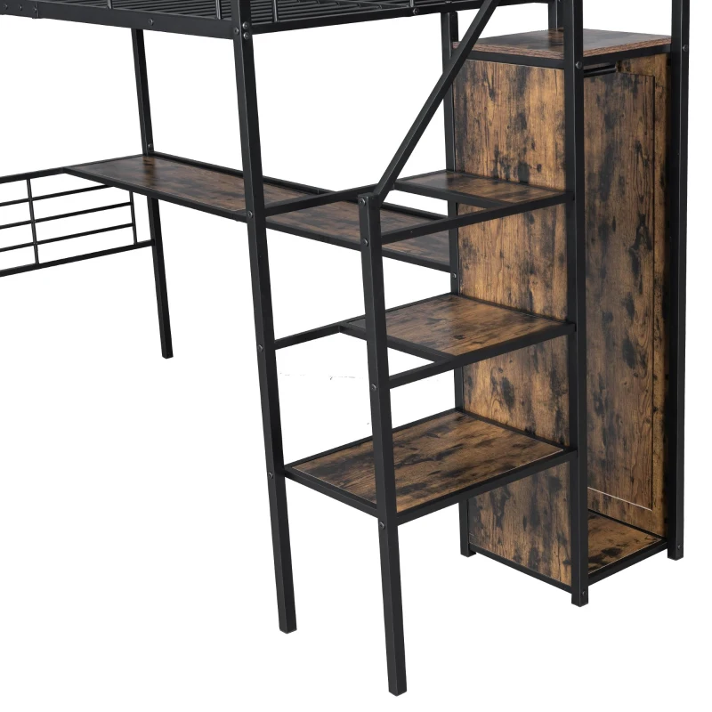 Letto a soppalco 90×200 cm, con scrivania e armadio aperto, senza materasso, Nero