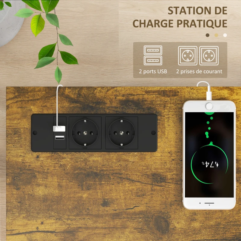 HOMCOM Console meuble étroite à 2 niveaux style industriel avec prises de courant et USB, 100 x 24 x 75 cm, marron